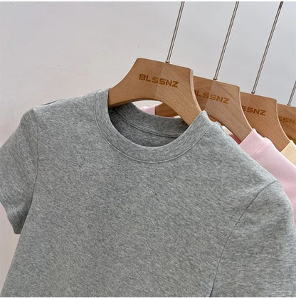 Zjaiss 2026 T-shirt col rond mode été sexy basique uni à manches courtes pour femme style coréen décontracté streetwear