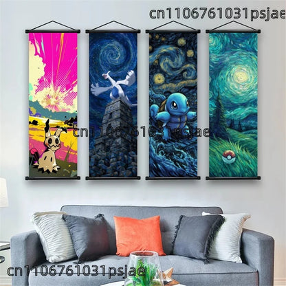 Pokémon Gengar, Squirtle y Mimikyu Noche Estrellada – Lienzo Decorativo Enrollable para Pared – Regalo para Decoración del Hogar
