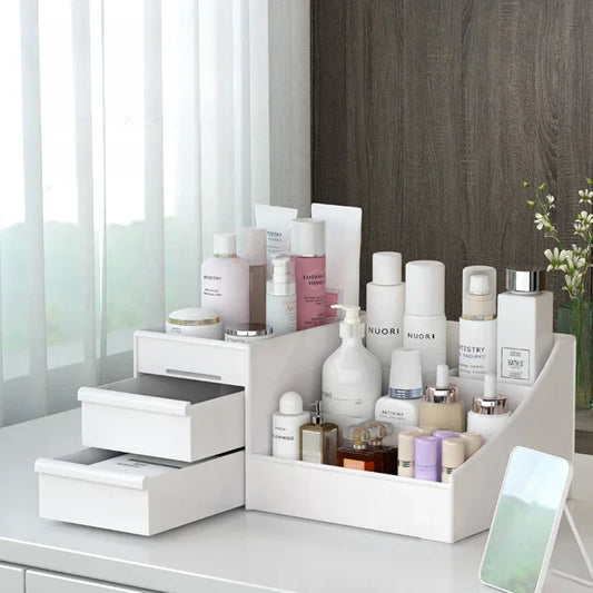 Organizador de almacenamiento de escritorio de plástico – Organizador de maquillaje, cuidado de la piel y material de oficina con varios cajones