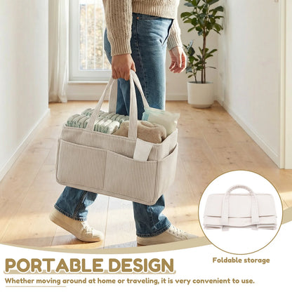 Panier de rangement pliable en velours côtelé avec poignées pour couches, essentiels et accessoires de nouveau-né