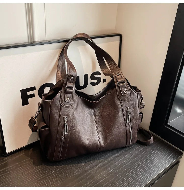 Women’s PU Leather Shoulder Bag – 2026 Fashion Handbag with Soft Interior Compartment, Contrast Color Design, Zipper Closure, Stylish Everyday Purse for Work, Travel & Casual Use
