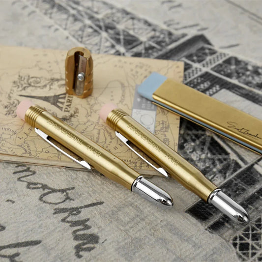 Portaminas de latón Fromthenon Traveler – Portaminas mecánico de metal vintage, papelería retro dorada para viajes, escritura, bocetos y suministros de oficina