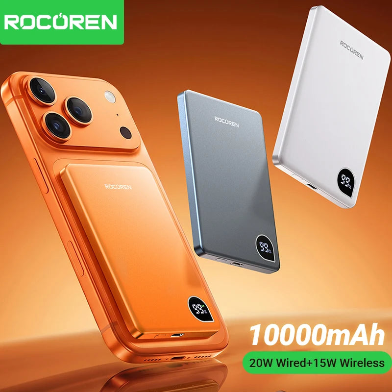 Rocoren 10000mAh Magnetic Power Bank – Fast Charging Portable Wireless Charger Battery Pack for iPhone 17 & 16 Pro Max
