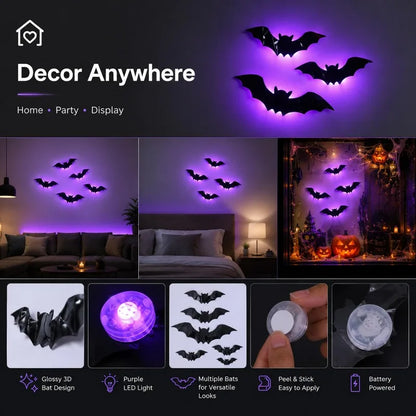 Glow-in-the-Dark 3D Bat Wall Stickers – Removable PVC Halloween Decor in 3 Sizes, Easy Peel-and-Stick for Windows, Home & Partie