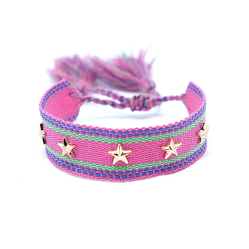 Bohemian Star Tassel Bracelet – Handmade Woven Alloy Gold Rivet Wrist Strap for Women | Ethnic Fashion Jewelry Gift