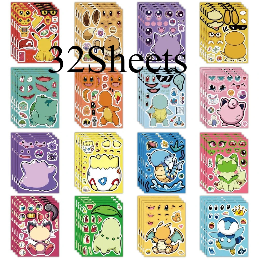 Pokémon DIY Puzzle Sticker Set – 16/32pcs Make-a-Face Cartoon Jigsaw Toys for Kids (Pikachu & Charizard)