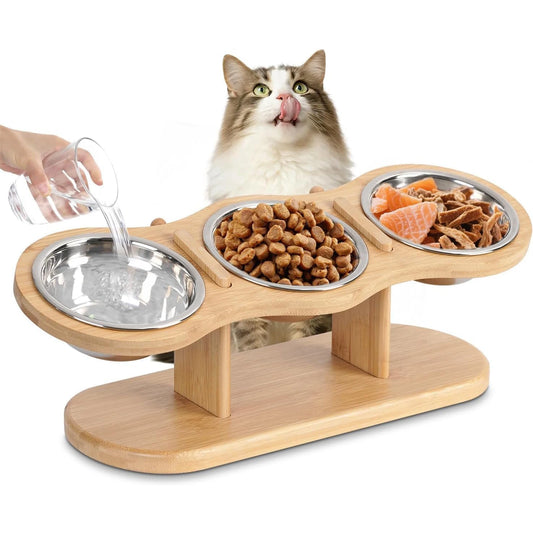Elevated Cat Bowls with Wooden Stand – Raised Pet Feeder with 3 Stainless Steel Bowls for Cats & Puppies, Food & Water Station