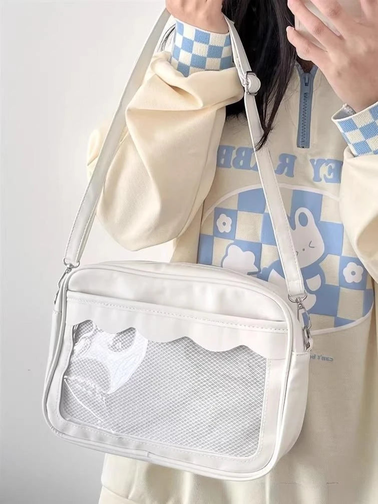 Bolso japonés Harajuku Ita – Bolso bandolera de piel sintética con bolsillo transparente para mujeres y estudiantes de secundaria, bolso de estilo uniforme JK, bolso de almacenamiento de moda Kawaii para coleccionistas y uso diario