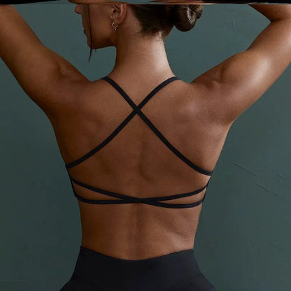 Women’s Cross Back Sports Bra – Shockproof Gathered Gym & Running Yoga Vest for Summer Fitness