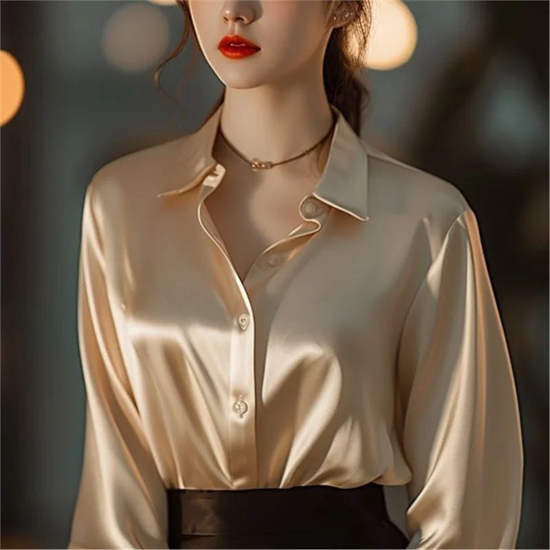Chemisier en Soie Satinée à Manches Longues pour Femme – Chemise de Bureau Élégante Ample Boutonnée, Haut de Travail Professionnel d'Automne