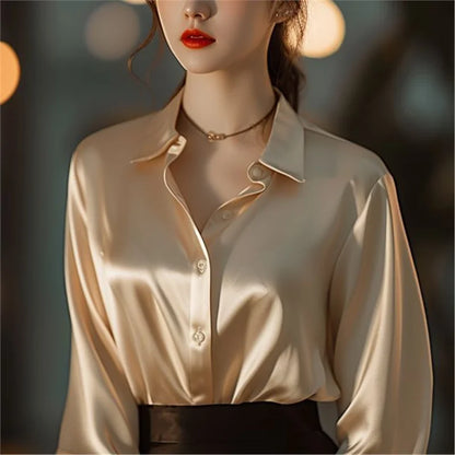 Chemisier en Soie Satinée à Manches Longues pour Femme – Chemise de Bureau Élégante Ample Boutonnée, Haut de Travail Professionnel d'Automne