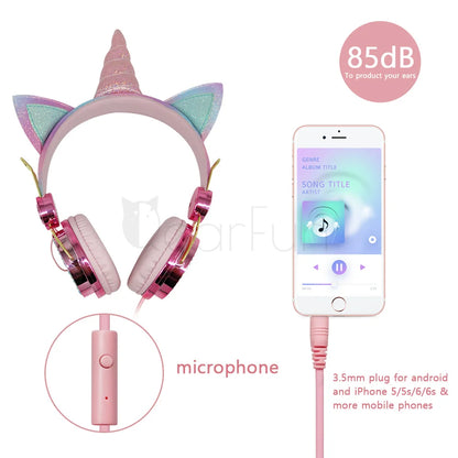 Pink Unicorn Kids Headphones – Cute Diamond Wired Headset with Microphone for Girls & Children, Music Headphones, Birthday & Gift for Kids