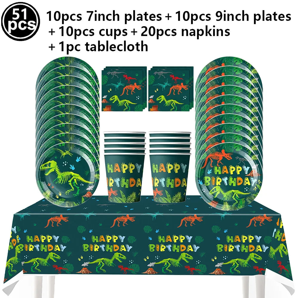 Jurassic Dinosaur Birthday Party Supplies – Dinosaur Fossil-Themed Disposable Plates, Cups & Napkins for Kids' Party Decorations