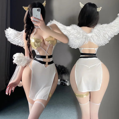 Woman Character Angel Role Play Costume – Japanese Anime Kimono Slit Elf Goddess Dress COS Uniform Set