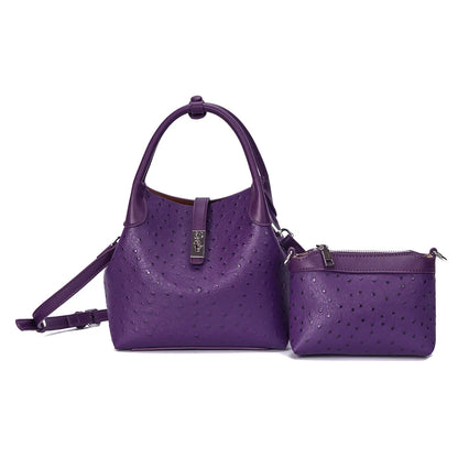 2026 Women's Ostrich-Texture PU Leather Bucket Bag Set – 2PCS Adjustable Strap Crossbody & Shoulder Handbags, Stylish Everyday Purse