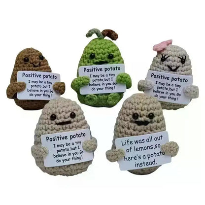 Poupée câlin pomme de terre à énergie positive – Mini ami de poche tricoté en laine, fait à la main, avec carte, cadeau de Noël amusant et décoration de chambre