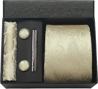 Corbata de seda 100% con diseño floral de Paisley para hombre con pañuelo de bolsillo, pasador de corbata y gemelos en caja de regalo