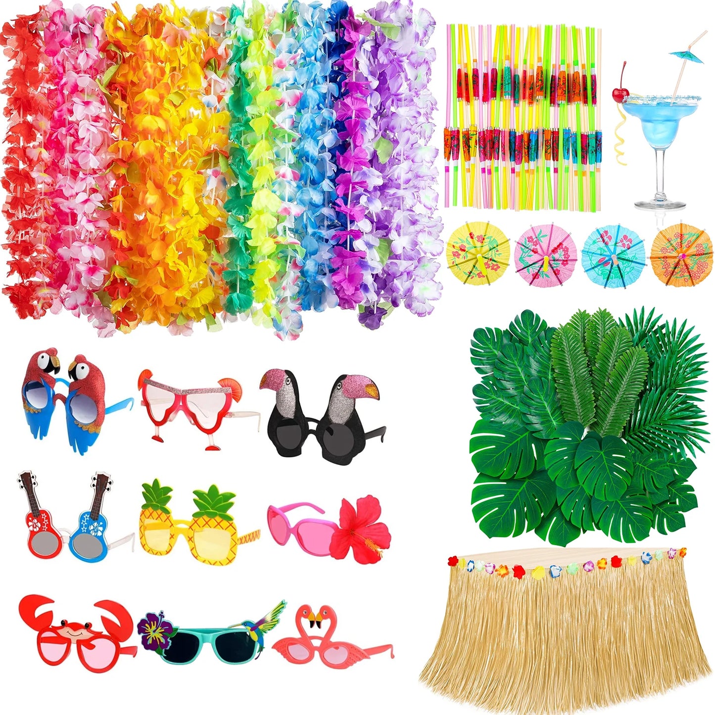 Hawaiian Luau Party Decorations Set – Tropical Beach-Themed Party Supplies with Grass Table Skirt & Hibiscus Flowers for Celebrations