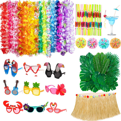 Hawaiian Luau Party Decorations Set – Tropical Beach-Themed Party Supplies with Grass Table Skirt & Hibiscus Flowers for Celebrations