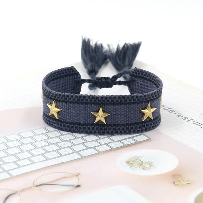 Bohemian Star Tassel Bracelet – Handmade Woven Alloy Gold Rivet Wrist Strap for Women | Ethnic Fashion Jewelry Gift