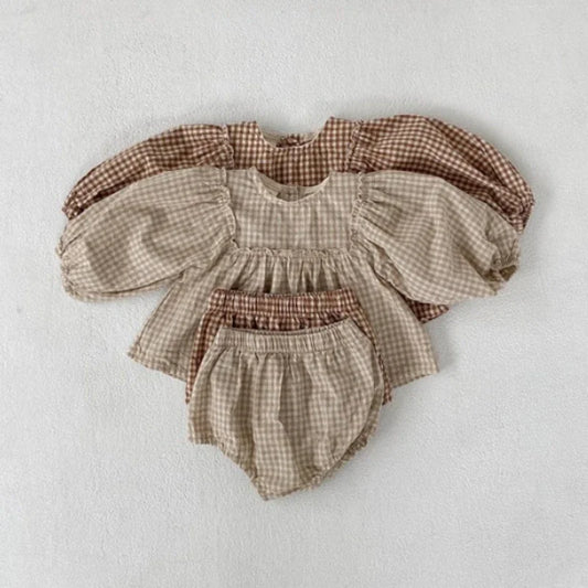 Conjunto de blusa y pantalón corto de cuadros 100 % algodón para bebé niña, conjunto de verano de 2 piezas para bebé
