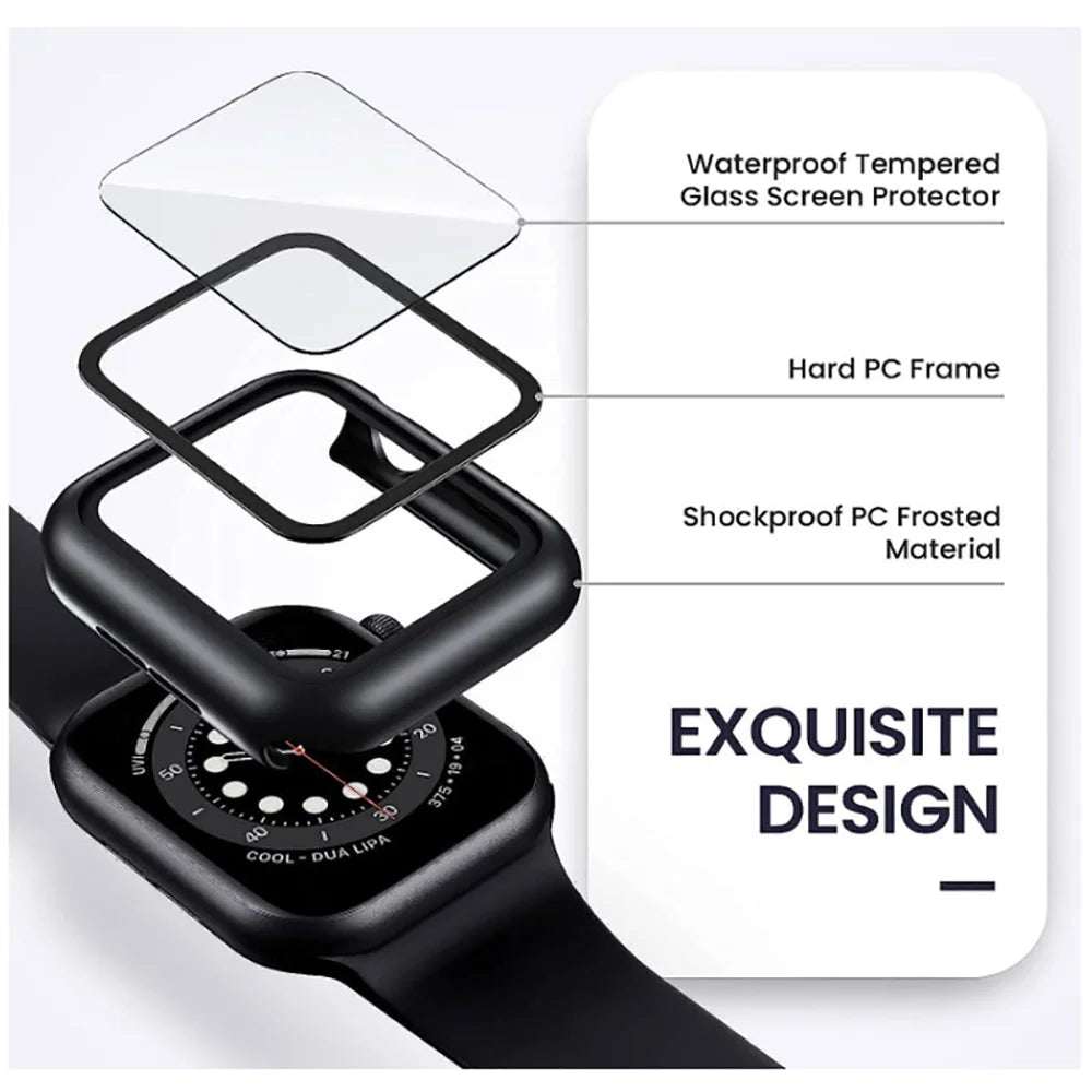 Funda con protector de pantalla de cristal templado para Apple Watch Series 10, 9, 8, 7, 6, SE y 5 (38 mm-46 mm) – Cubierta protectora completa 2 en 1