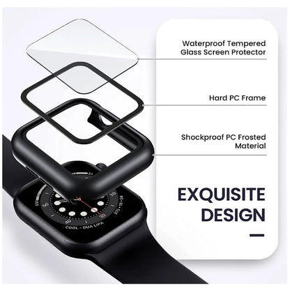 Funda con protector de pantalla de cristal templado para Apple Watch Series 10, 9, 8, 7, 6, SE y 5 (38 mm-46 mm) – Cubierta protectora completa 2 en 1