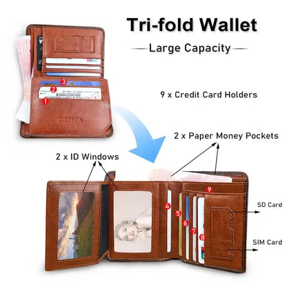 Men's Genuine Leather RFID Blocking Trifold Wallet Slim Vintage ID & Credit Card Holder