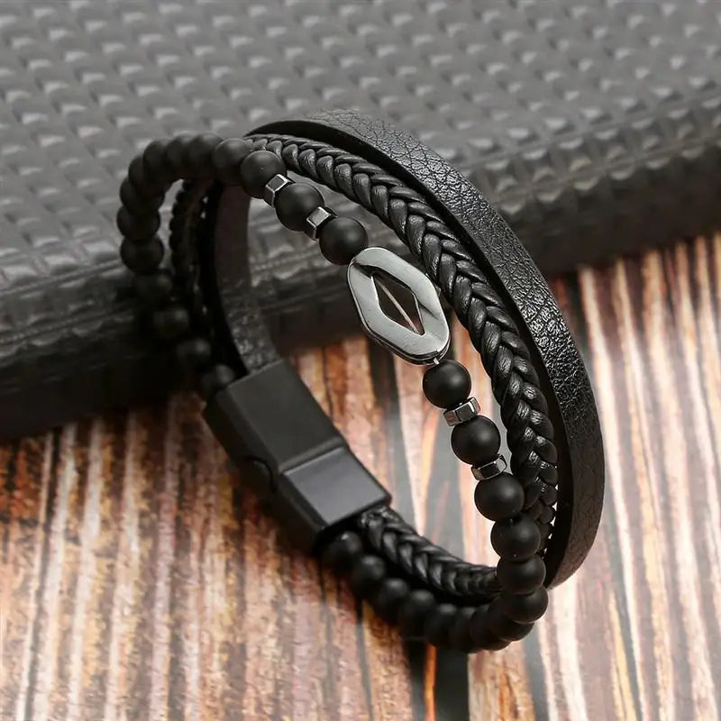 Pulsera de cuero clásica para hombre – Pulsera multicapa tejida a mano para hombre | Accesorio de joyería de moda casual, regalo