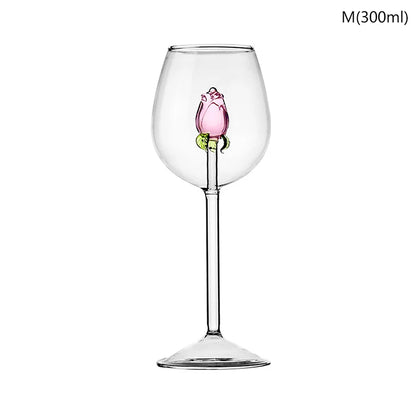 3D Pink Glass Rose Wine Glass Goblet, Red White Wine Cup, Champagne Flute Drinkware, Romantic Valentine’s Day Gift