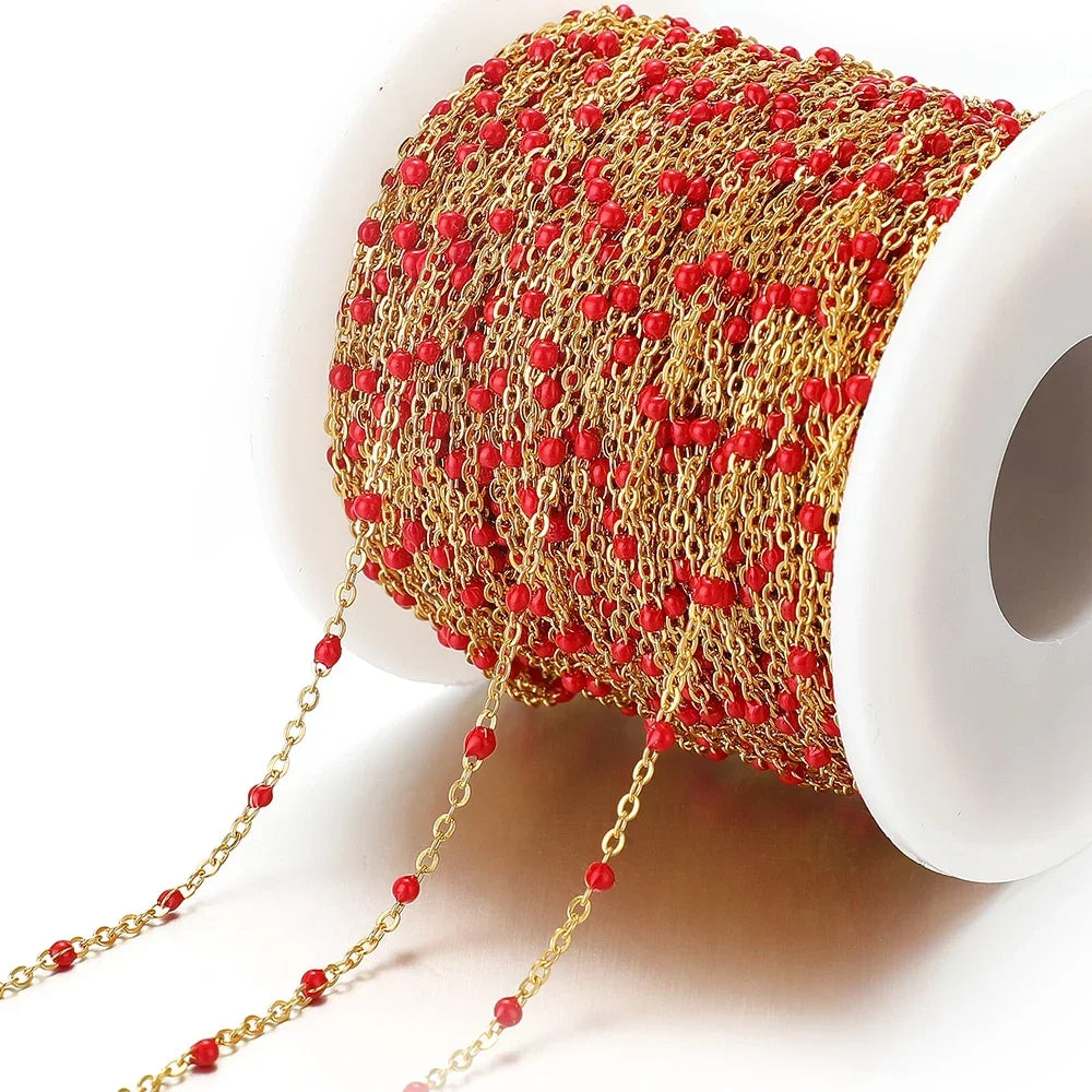 Cadena de eslabones de cuentas de esmalte dorado de acero inoxidable de 2M – Cadena DIY de aceite de goteo para collares, pulseras y suministros de fabricación de joyas