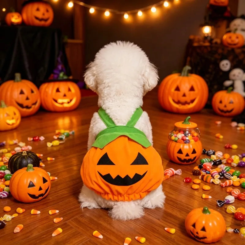 Halloween Pumpkin Pet Dress – Adjustable Washable Overall Costume for Small Dogs & Cats, Funny Scary Trick-or-Treat Outfit for Puppies