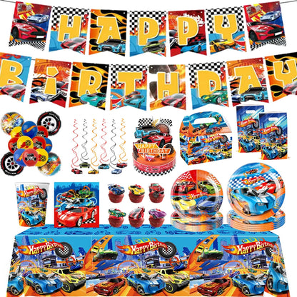 Happy Wheels Racing Party Tableware Set – Racing-Themed Paper Cups, Plates & Banner Decorations with Party Favors for Boys' Birthdays