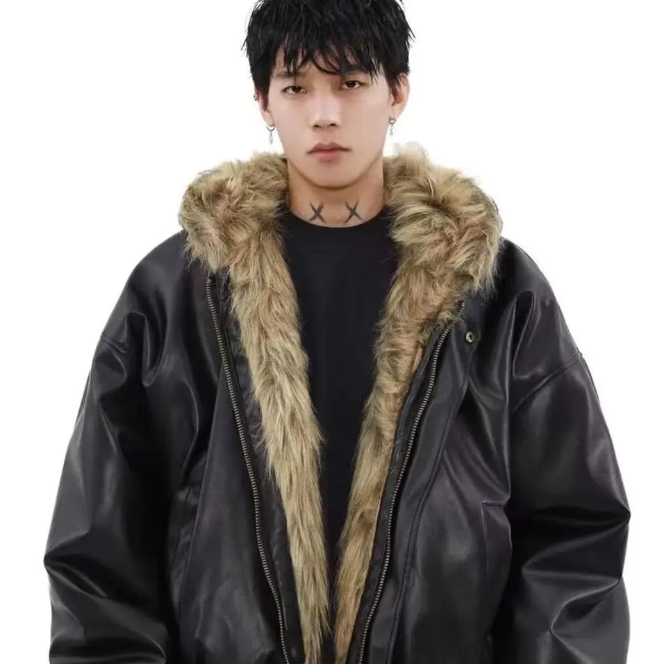 Men’s Thick Faux Leather Winter Coat – Solid Color Loose-Fit Jacket, Trendy American Casual Outerwear for Everyday Wear