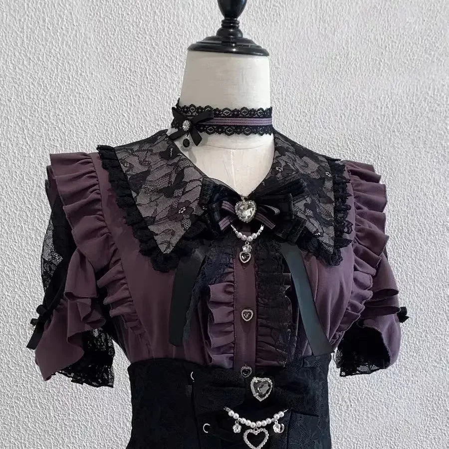 Blusa de mujer de encaje de manga corta estilo lolita japonés 2026, dulce, linda, ajustada, informal, a la moda, para uso diario