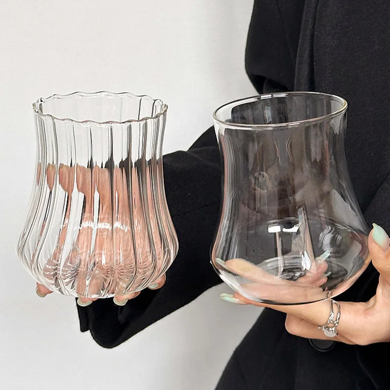 INS Style Transparent Striped Glass Cup, Creative Cold Coffee Mug, Iced Juice and Cocktail Drinking Glass, Elegant Water and Wine Cup, Modern Glass Drinkware