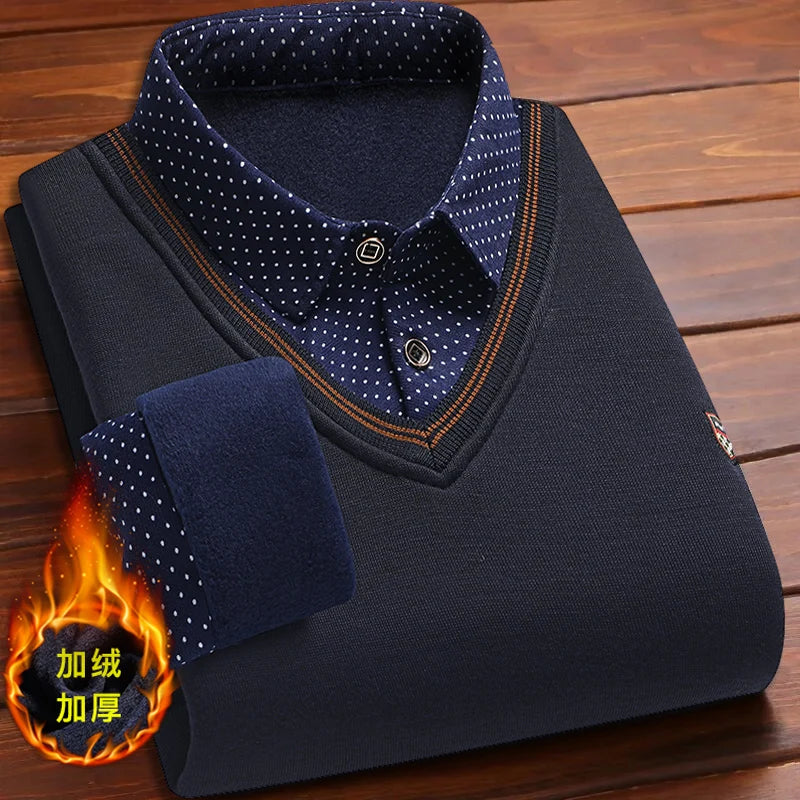 Men’s Fleece Polo Sweater – Long Sleeve Collared Pullover, Warm Knitted Top for Vintage Smart Casual Autumn & Winter Wear