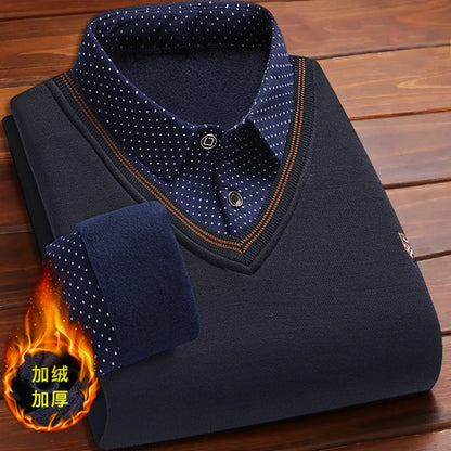 Men’s Fleece Polo Sweater – Long Sleeve Collared Pullover, Warm Knitted Top for Vintage Smart Casual Autumn & Winter Wear