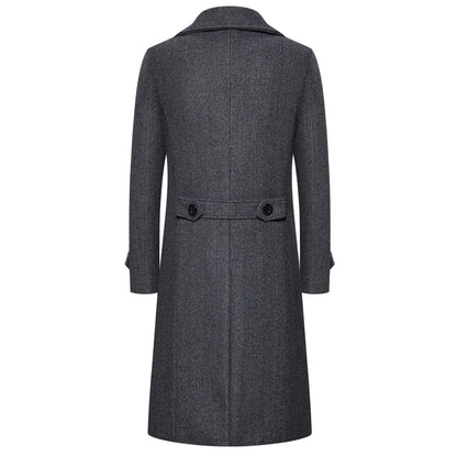 Men’s Long Woolen Trench Coat – Double-Breasted Slim-Fit Overcoat with Turn-Down Collar, Fashionable Spring & Autumn Outerwear