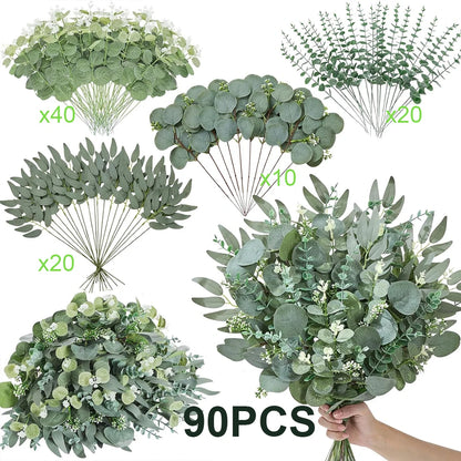 50/90 PIÈCES Bouquet de Fleurs Artificielles Eucalyptus – Mélange de Verdure Feuilles de Saule Argenté Eucalyptus pour Arrangements Floraux de Mariage & Décoration Intérieure DIY