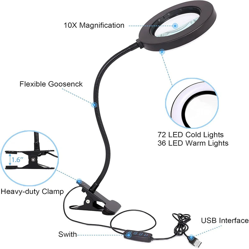 10X LED Magnifying Desk Lamp – 3 Color Light Modes Clamp Magnifier with Flexible Gooseneck for Reading & Nail Art