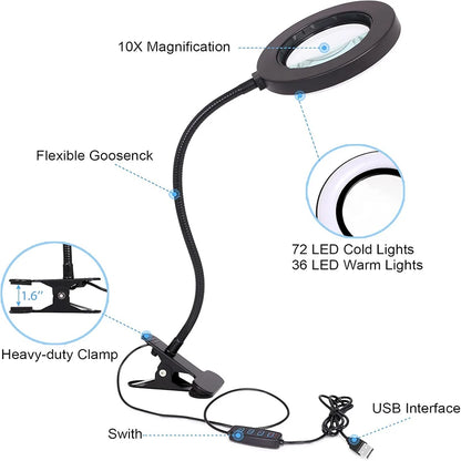 10X LED Magnifying Desk Lamp – 3 Color Light Modes Clamp Magnifier with Flexible Gooseneck for Reading & Nail Art