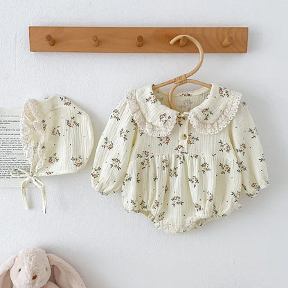 Conjunto de 2 piezas de pelele floral con sombrero para bebé, mameluco con solapa para recién nacida, conjunto de primavera