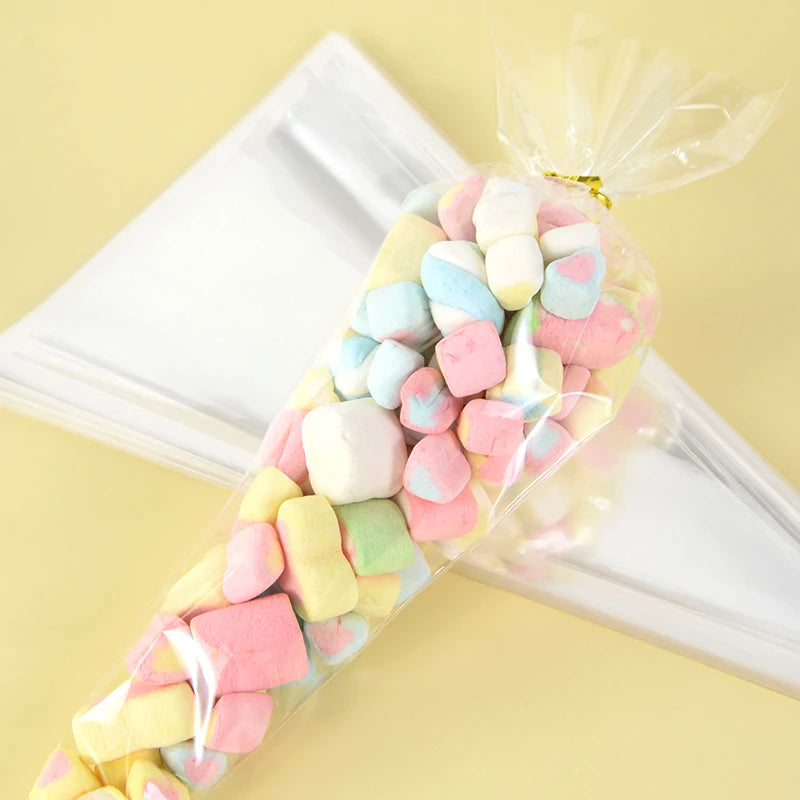 50 bolsas de celofán transparentes con forma de cono – Bolsas de plástico transparentes para palomitas, dulces, baby shower, regalos de boda y empaques de regalo