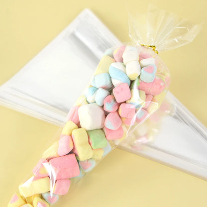 50 bolsas de celofán transparentes con forma de cono – Bolsas de plástico transparentes para palomitas, dulces, baby shower, regalos de boda y empaques de regalo