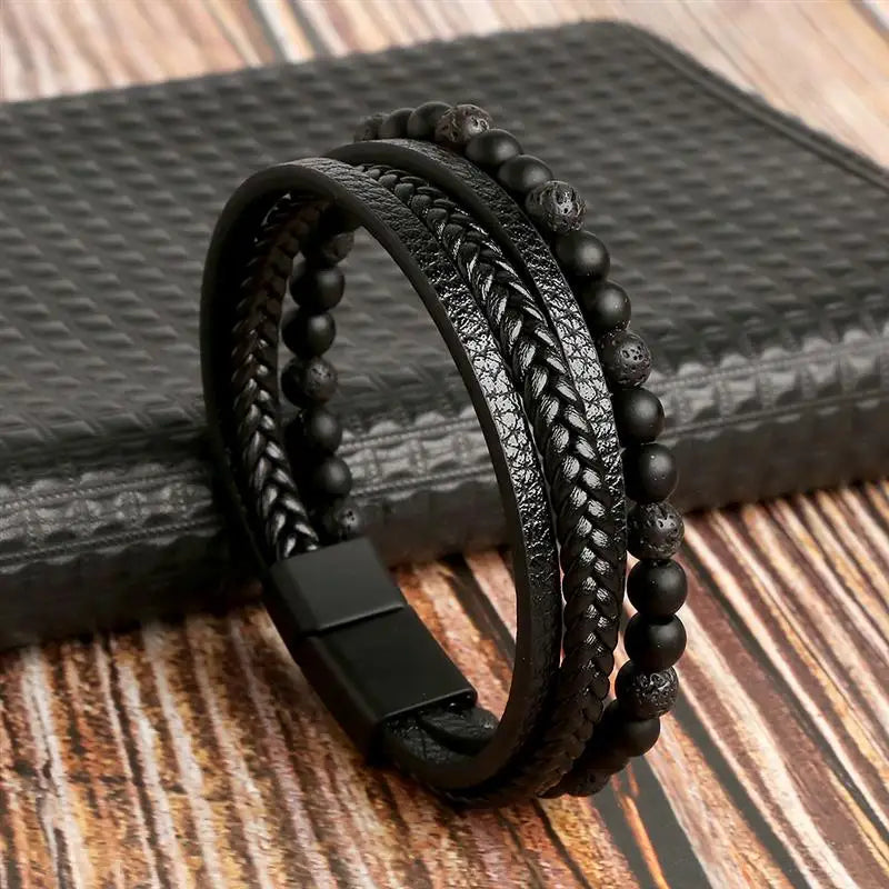 Pulsera de cuero clásica para hombre – Pulsera multicapa tejida a mano para hombre | Accesorio de joyería de moda casual, regalo