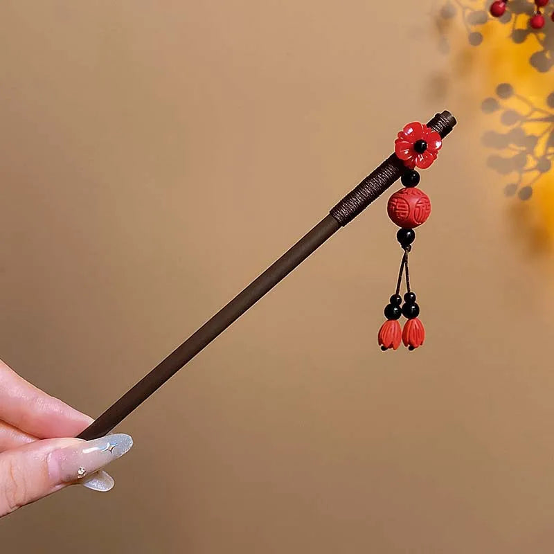 Vintage Chinese Wooden Hair Stick with Red Flower – Hanfu Hairpin Hair Fork for Women