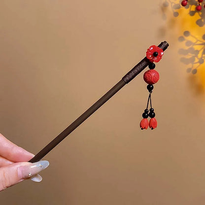 Vintage Chinese Wooden Hair Stick with Red Flower – Hanfu Hairpin Hair Fork for Women