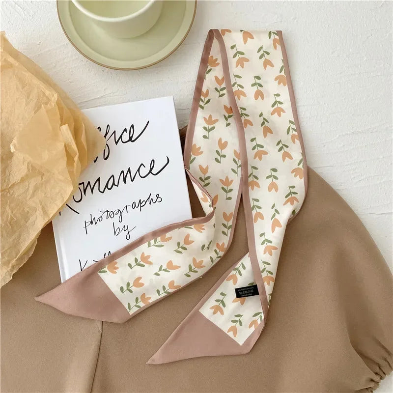 Khaki Nude Silk Scarf Hair Band – Vintage Satin Ribbon Bow Hair Accessory for Women | Elegant Fashion Hair Tie