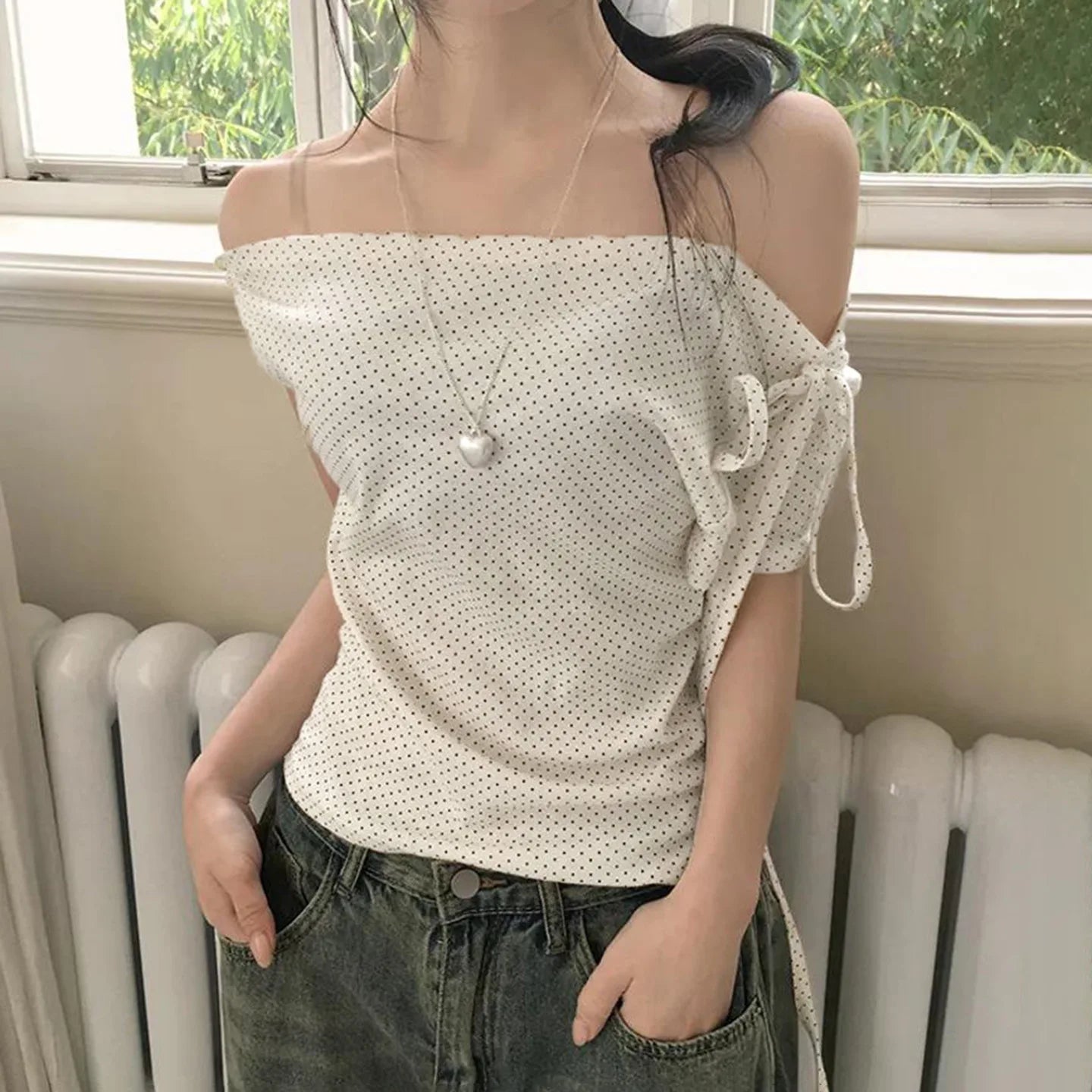 Women’s Sweet Polka Dot One Shoulder T-Shirt Korean Style Slim Fit Summer Casual Office Top